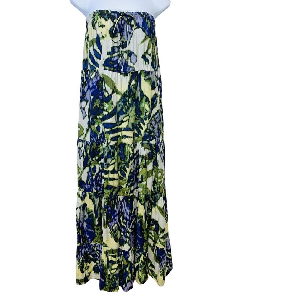 NY Co Strapless Maxi‎ Dress S Tiered Empire Colorful Abstract Tropical Romantic
